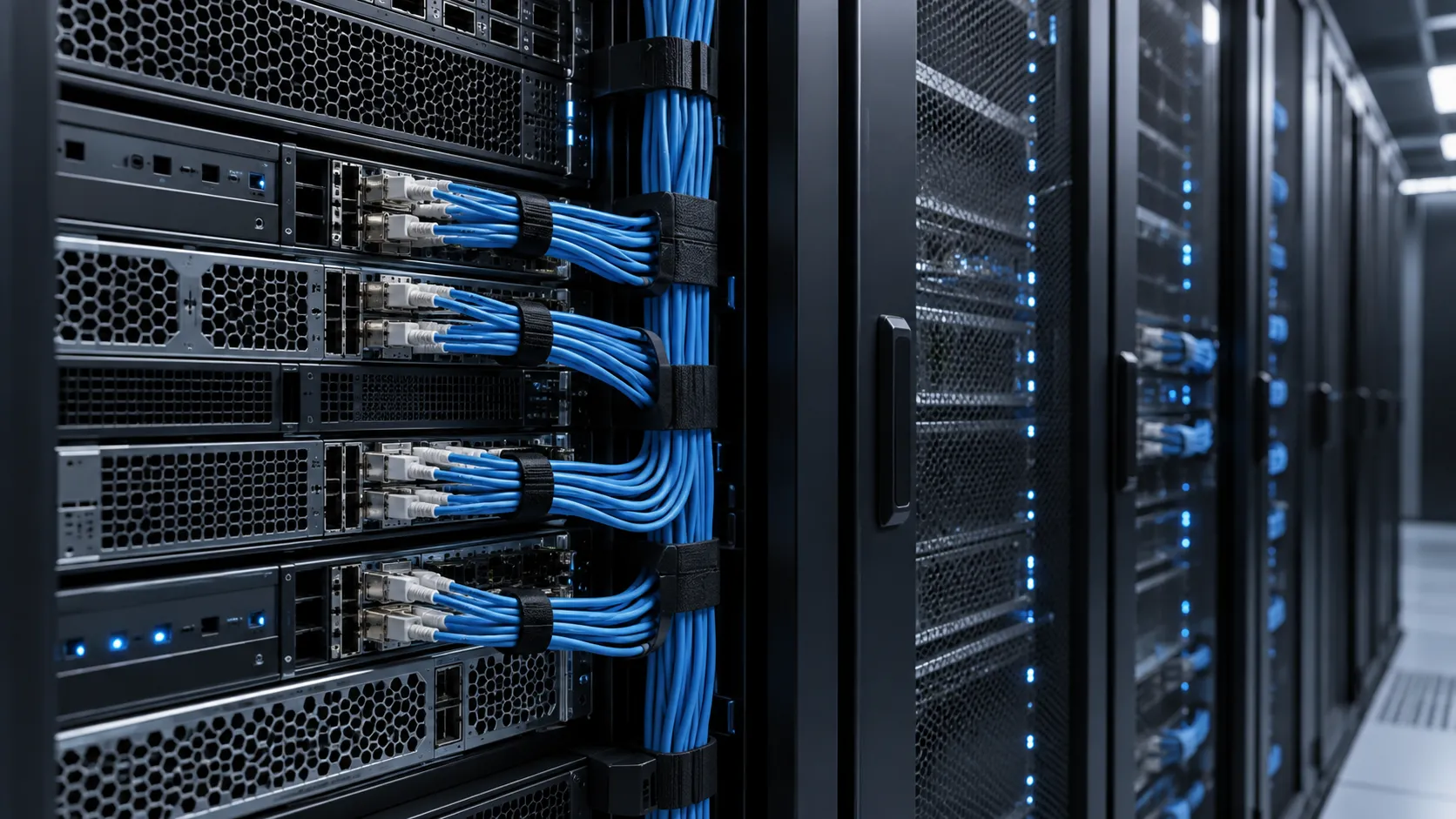 Conceptual image of server racks and fiber optic connections in cool blue light